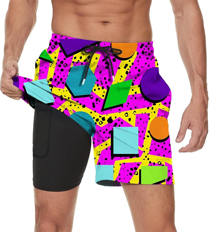 Vintage 80s Memphis Mens Beach Shorts Funny Elastic Waist Quick Dry Swim Trunks | Amazon (US)