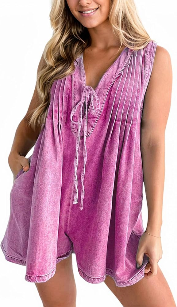 Women Denim Romper Sleeveless Casual Rompers V-Neck Tie Front Jean Summer Overall Shorts with Poc... | Amazon (US)