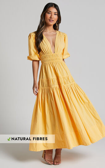 Mellie Midi Dress - Puff Sleeve Plunge Tiered Dress in Pineapple | Showpo (US, UK & Europe)