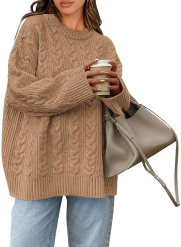 Okiwam Women's Oversized Sweaters Crewneck Cable Knit Pullover Casual Loose Fall Outfits Fashion ... | Amazon (US)