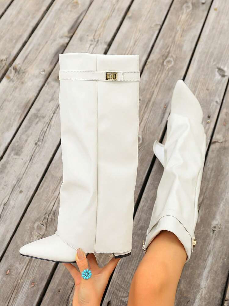 2025 Women's Fold-Over Knee High Boots, Pointed Toe High Heel Boots With Decorative Buckle, Wide Calf Wedge Heel Knee-High Boots With Side Zipper, Comfortable Party Pointed Toe Fold-Over Western Style Beige Boots | SHEIN