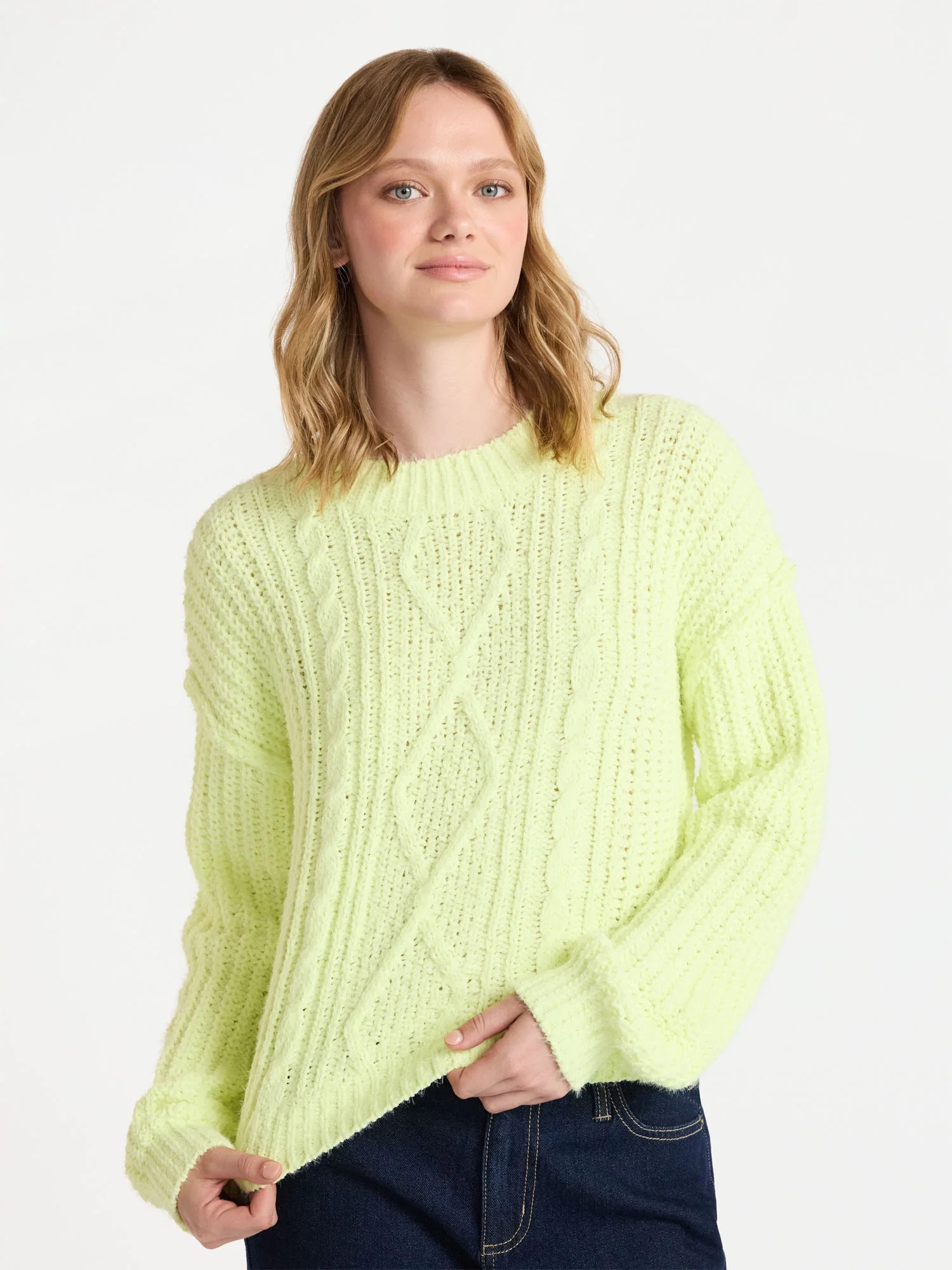 No Boundaries Cable Knit Sweater, Midweight, Women's | Walmart (US)