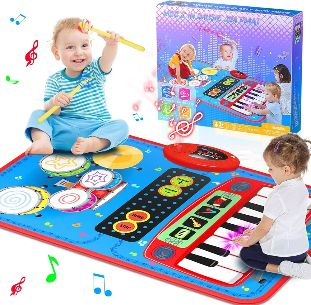 2-in-1 Musical Mat Toys for 1 2 3 4 5 Year Old, Piano Keyboard & Drum Set with 2 Drum Sticks, Ear... | Amazon (US)