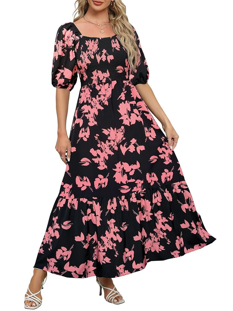 Lyrur Summer Boho Smocked Maxi Dresses for Women 2025 Casual Puff Sleeve Square Neck A Line Tiere... | Amazon (US)