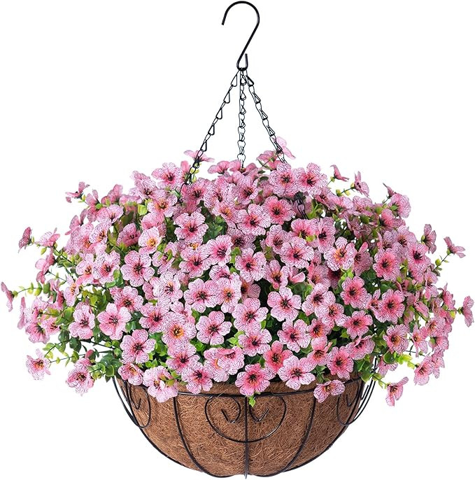 HyeFlora Artificial Fake Hanging Plants Flowers with Basket Outdoor Spring Decor, Faux Silk Pink ... | Amazon (US)