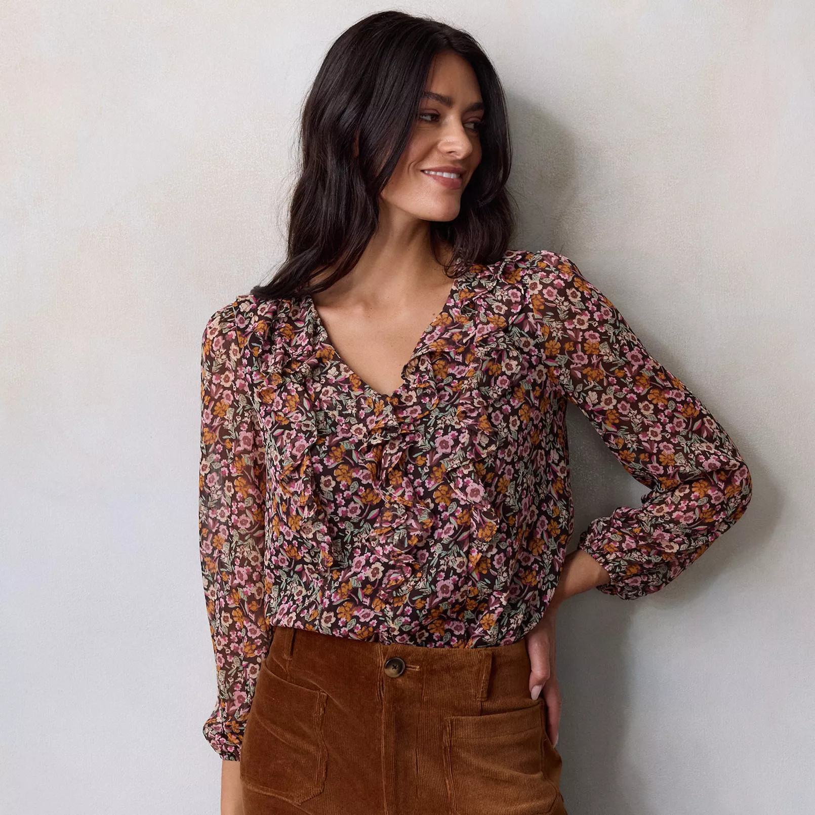 Women's LC Lauren Conrad V-Neck Long Sleeve Cascading Ruffle Top | Kohl's