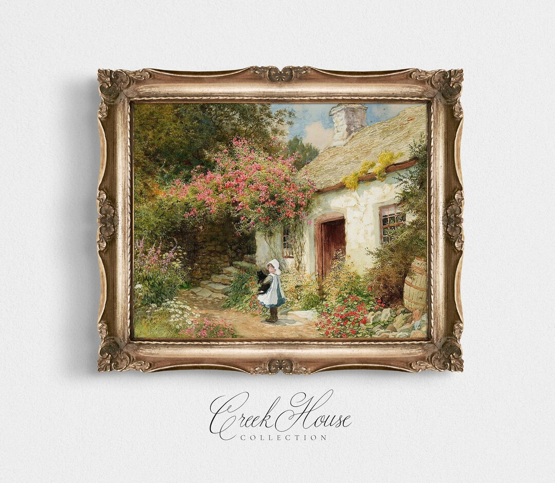 Cottage Scene With Little Girl and Cat Vintage Art Print Digital Printable - Etsy Canada | Etsy (US)