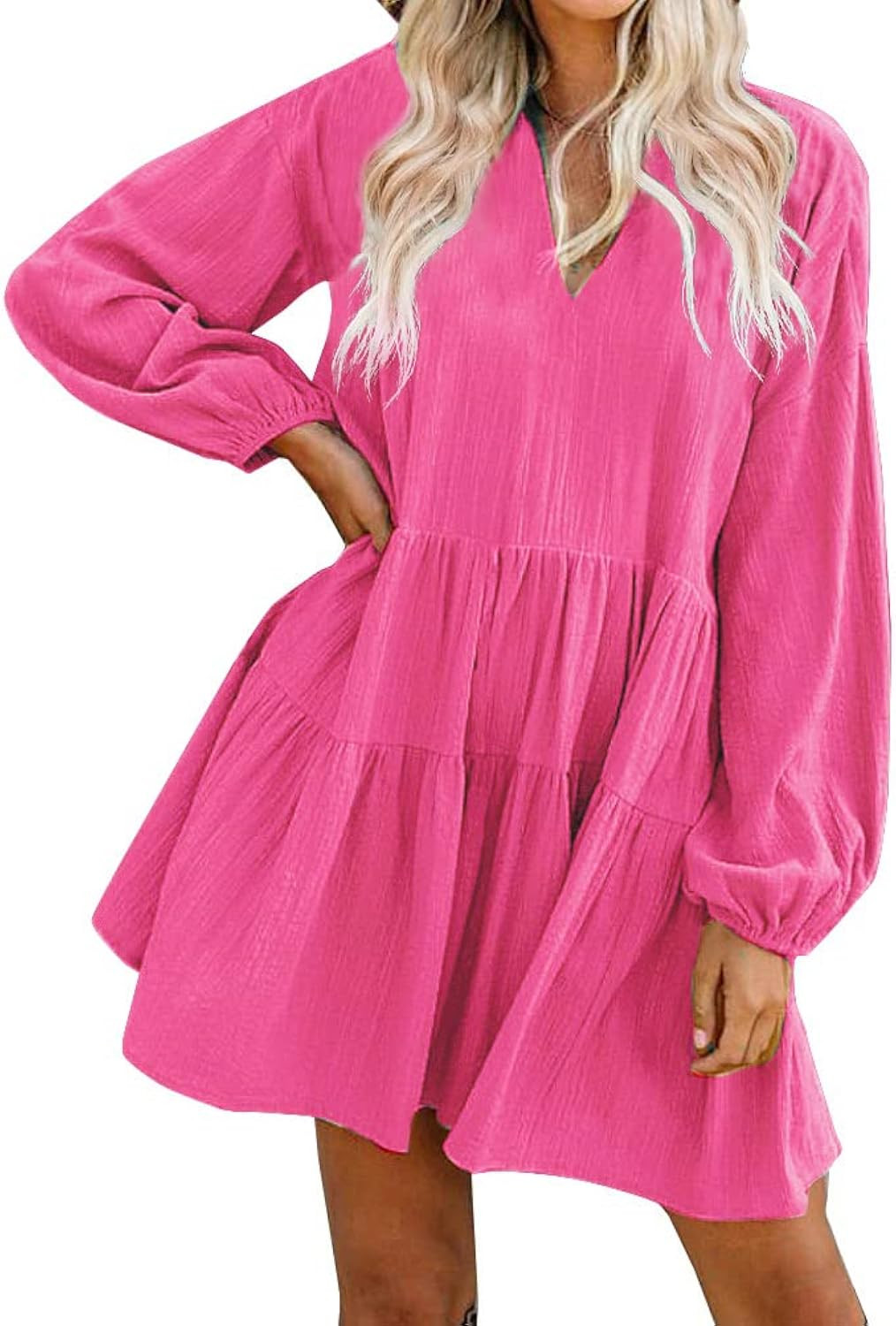 FANCYINN Long Sleeve Shift Tunic Dress Ruffle Swing Babydoll Juniors Mini Ruffle Dress with Pockets | Amazon (US)