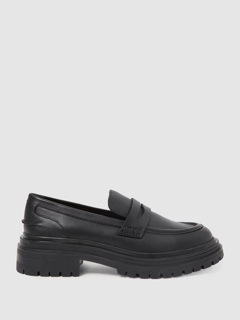 Reiss Black Adele Leather Chunky Cleated Loafers | Reiss UK