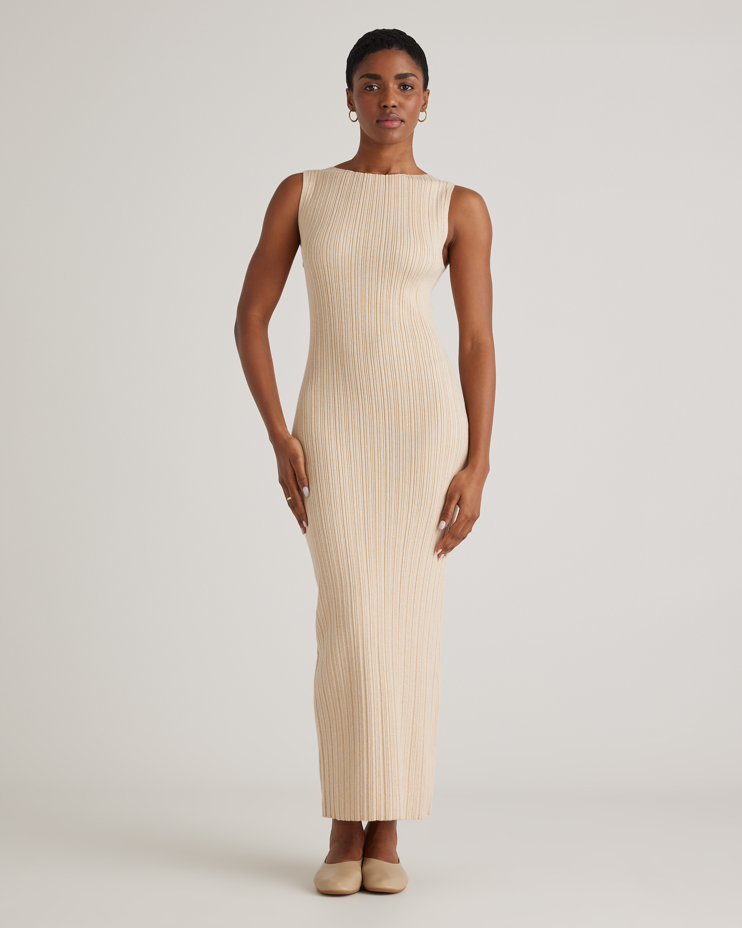 Quince | Women's Cotton Cashmere Ribbed Sleeveless Midi Dress in Heather Oatmeal, Size Small | Quince