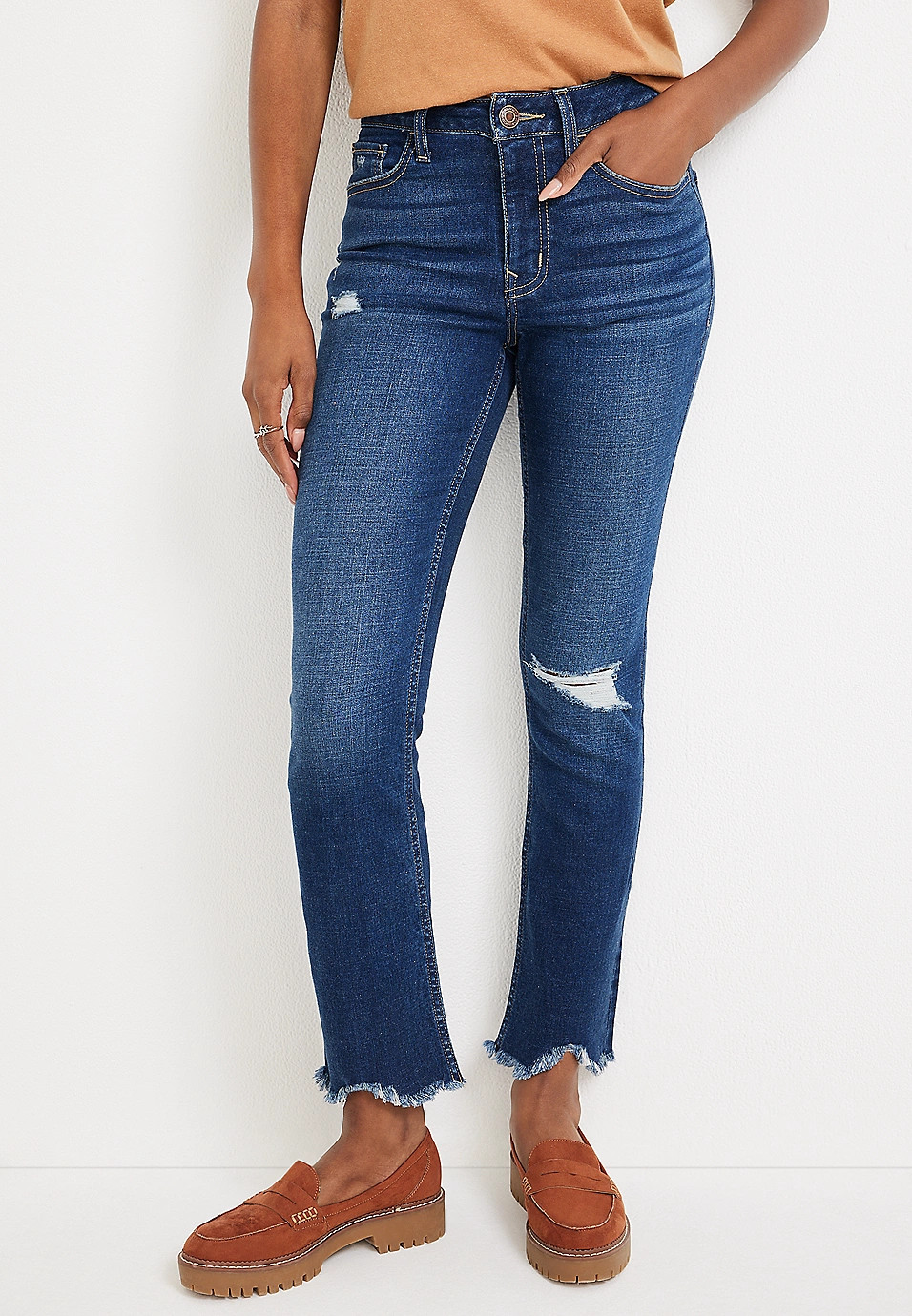 m jeans by maurices™ Kick Boot Ankle High Rise Ripped Jean | Maurices