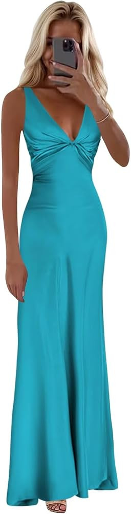 Satin Corset Prom Dresses for Women V Neck Long Halter Evening Formal Dress Turquoise Dress Amazon | Amazon (US)