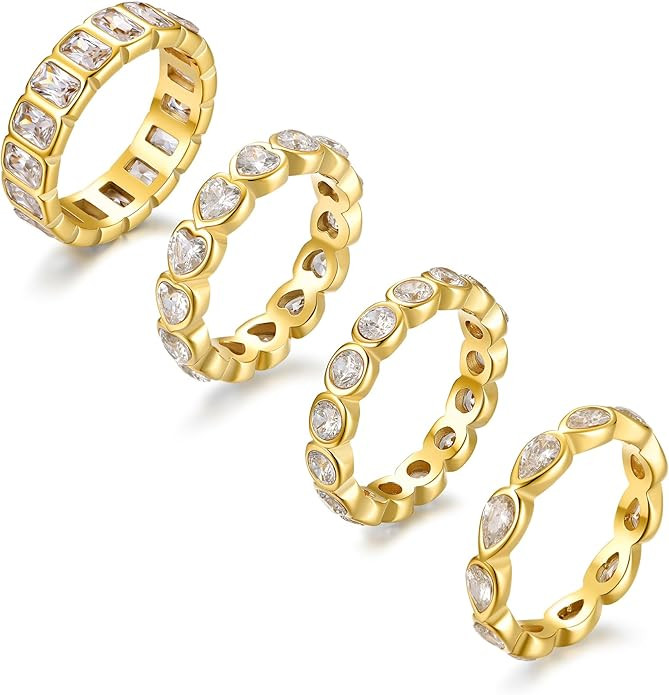 NUZON 4PCS Gold Cubic Zirconia Rings Set for Women Sparkly 14K Gold Plated Stainless Steel Stacka... | Amazon (US)