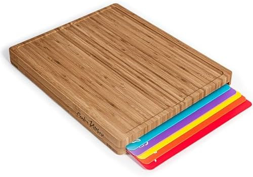 Cooler Kitchen Bamboo Wood Cutting Board Set with 6 Color Coded Flexible Plastic Chopping Mats wi... | Amazon (US)