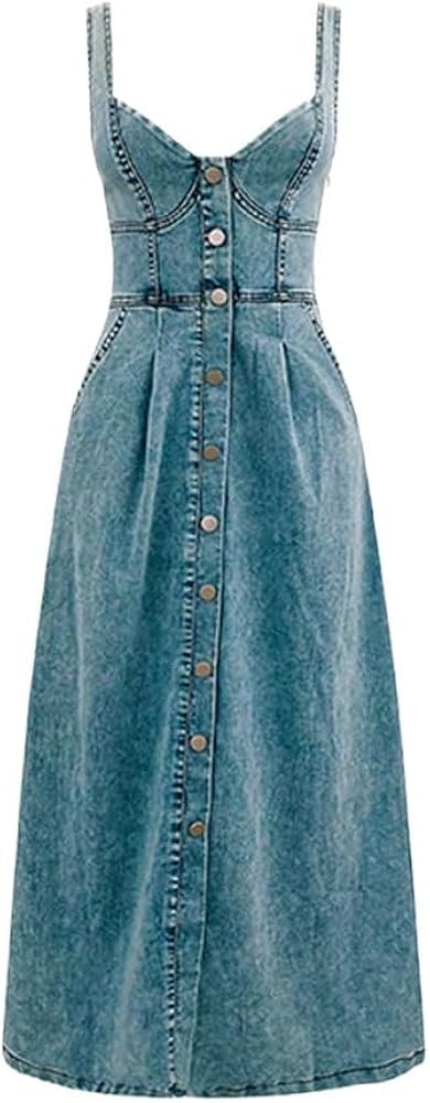 Women's Maxi Denim Dress Sleeveless Strap A-line Button Down Sundresses V-Neck Blue Cotton Tank D... | Amazon (US)