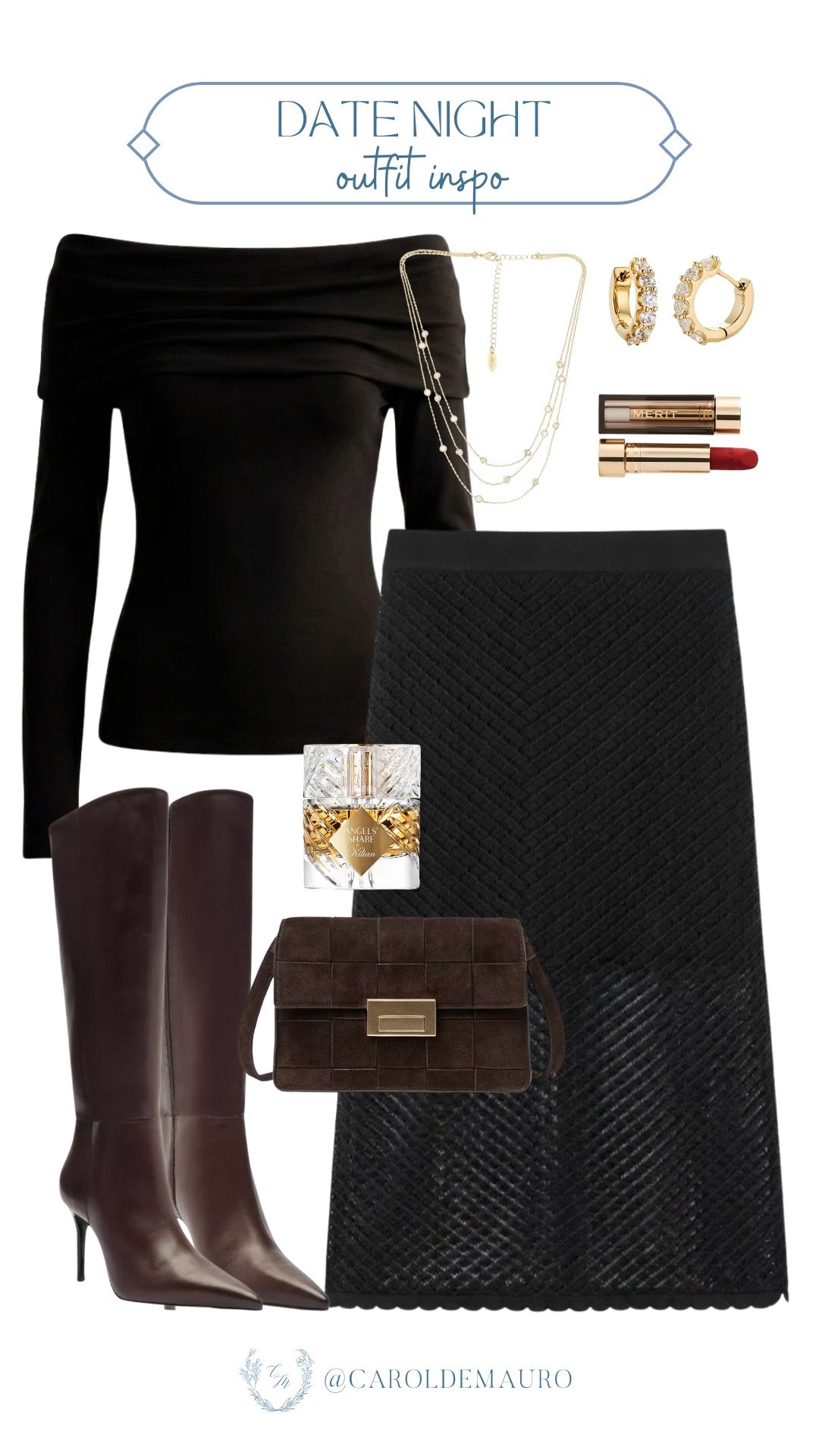 You're gonna love this edgy outfit for your next date night look this Valentine's day! An off-the-shoulder long sleeve top, sheer midi skirt, brown leather knee-high boots, and a suede shoulder bag.

valentines outfit, hearts day, all black style, ootd, date night look, coquette core, romantic style, girls nightout

#LTKSeasonal #LTKFindsUnder50 #LTKU