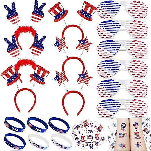 52 Pack 4th of July Party Accessories, American Flag 6 Glasses 6 Headbands 6 Bracelets 24 Tempora... | Amazon (US)