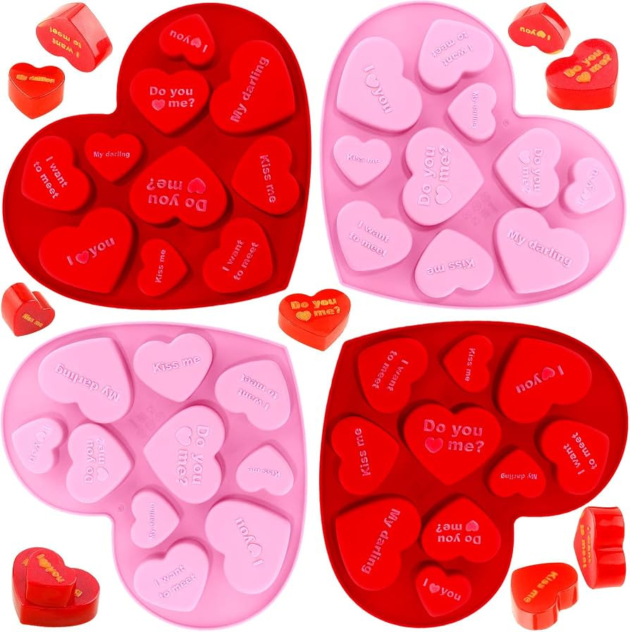 4 Pieces 10 Holes Heart Shaped Silicone Mold Valentine's Conversation Candy Heart Mold Non-Stick ... | Amazon (US)