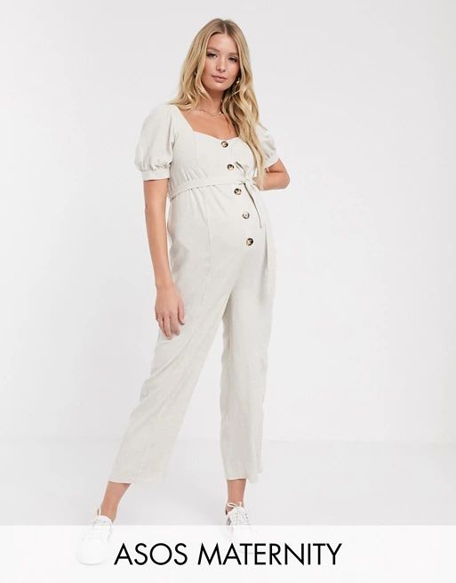 ASOS DESIGN Maternity button front tie waist puff sleeve jumpsuit with short sleeves | ASOS (Global)