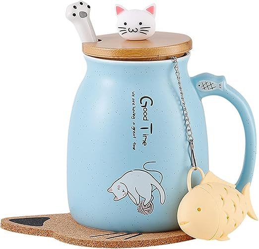 BigNoseDeer Cat Mug Cute Ceramic Coffee Cup with Lovely Kitty Lid, Cat Paw Spoon,kawaii coaster,N... | Amazon (US)