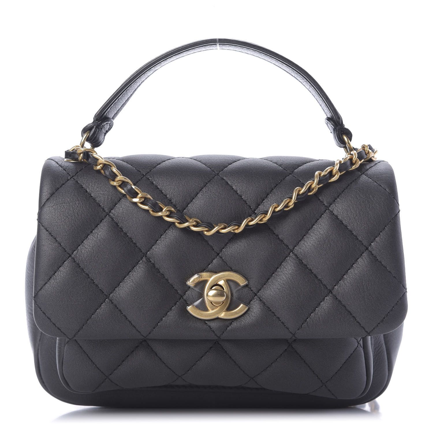 Calfskin Quilted Top Handle Flap Black | Fashionphile
