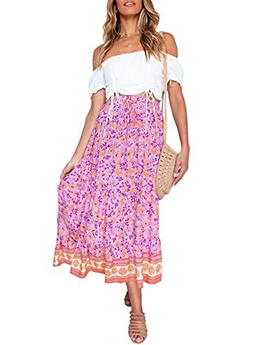 ZESICA Women's 2024 Bohemian Floral Printed Elastic Waist A Line Maxi Skirt with Pockets | Amazon (US)