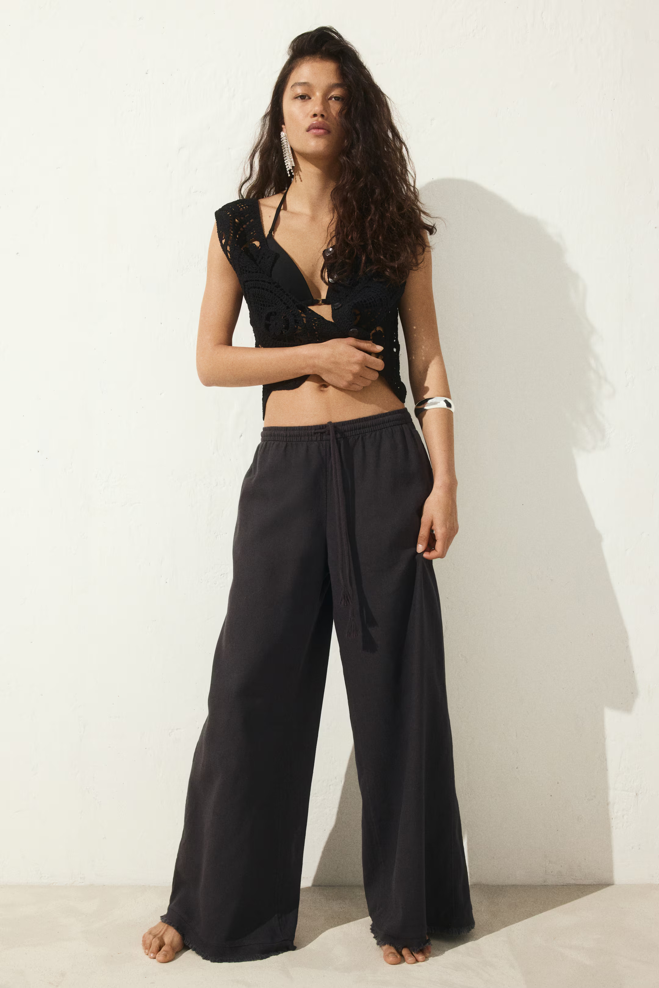 Linen-blend drawstring trousers - Dark grey - Ladies | H&M GB | H&M (UK, MY, IN, SG, PH, TW, HK)
