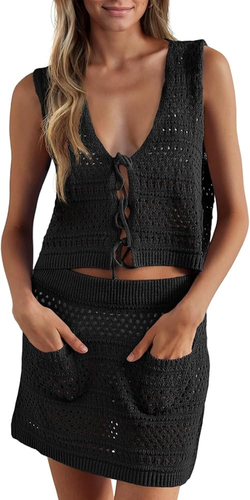 Saodimallsu Womens Crochet Swim Cover Up 2 Piece V Neck Sleeveless Front Tie Crop Tops Beach Mini... | Amazon (US)