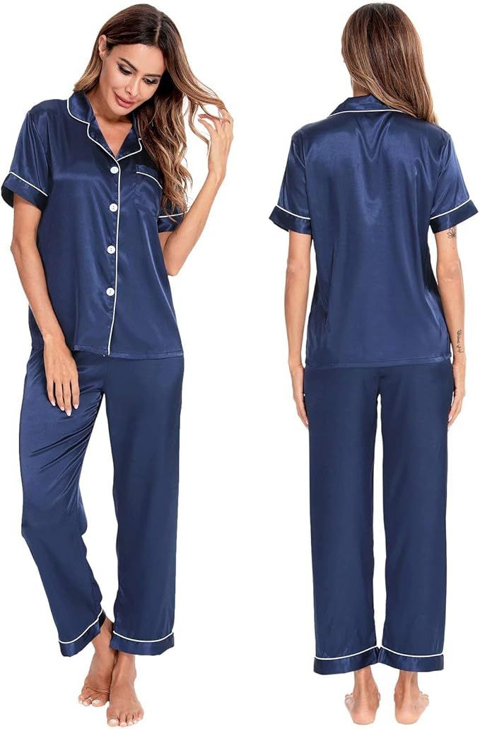 SWOMOG Womens Silk Satin Pajamas Loungewear Two-piece Sleepwear Button-Down Pj Set | Amazon (US)