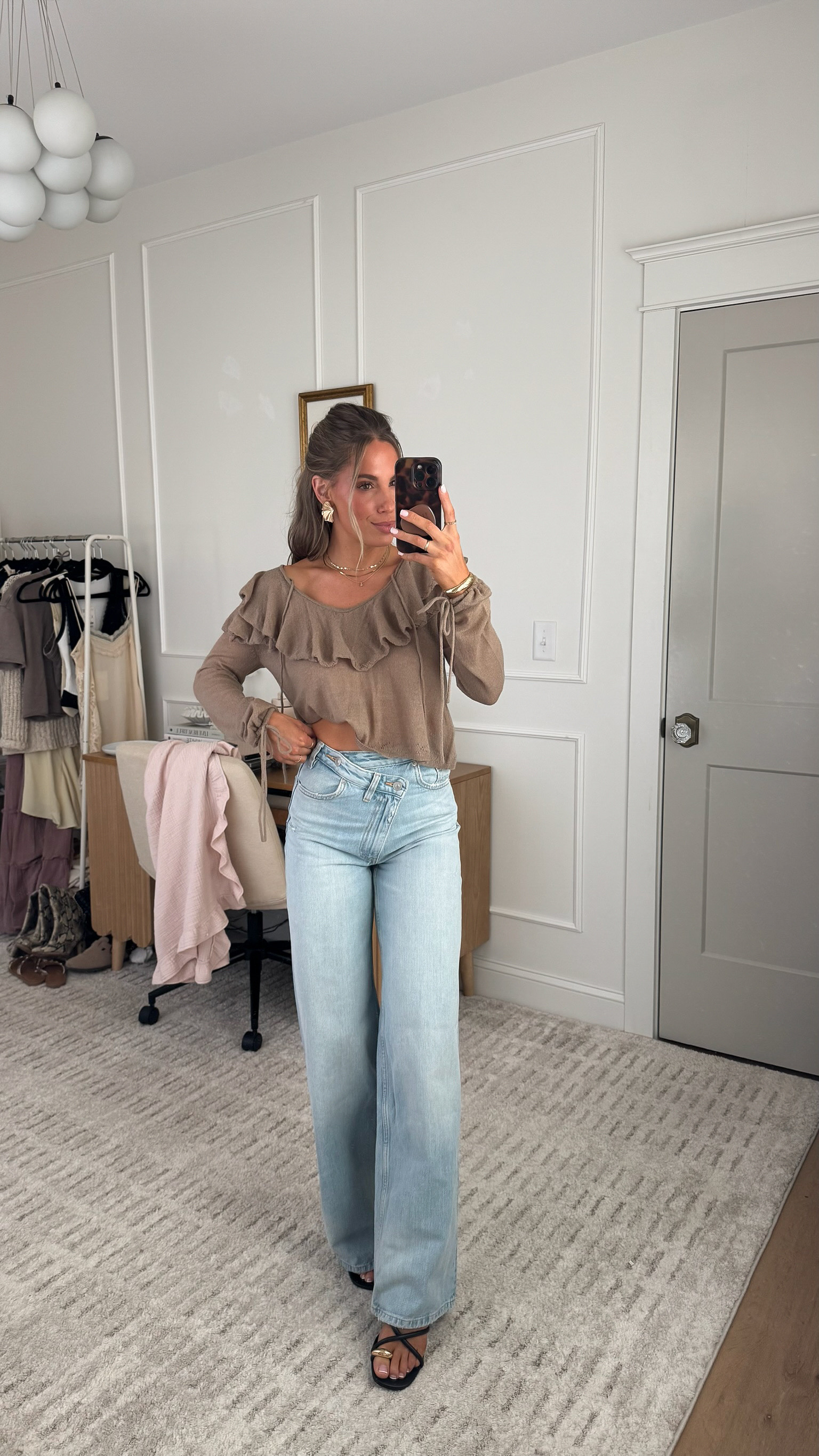 Cute Mom Outfit.  Wide leg jeans + a ruffle sweater (jeans 0, sweater s). Paired with gold jewelry for a  polished look! 

 

#LTKFindsUnder100 #LTKSeasonal #LTKStyleTip