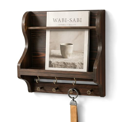 Pine Wood Mail Organizer Wall Mount for Home Decor - Vintage Mail Holder for Wall with 4 Hooks fo... | Amazon (US)