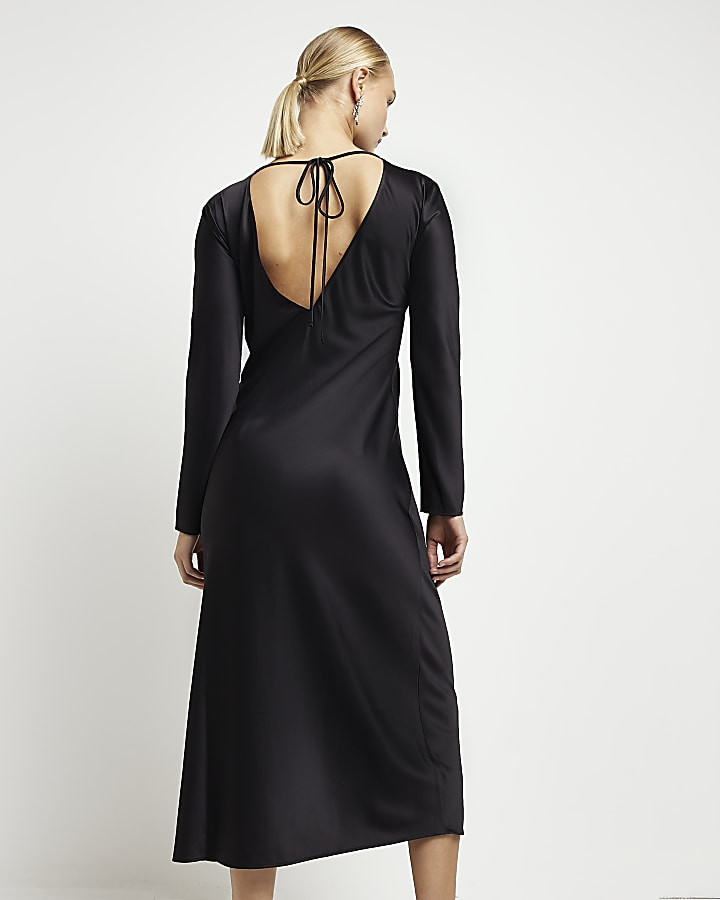 Black satin shift midi dress | River Island (UK & IE)