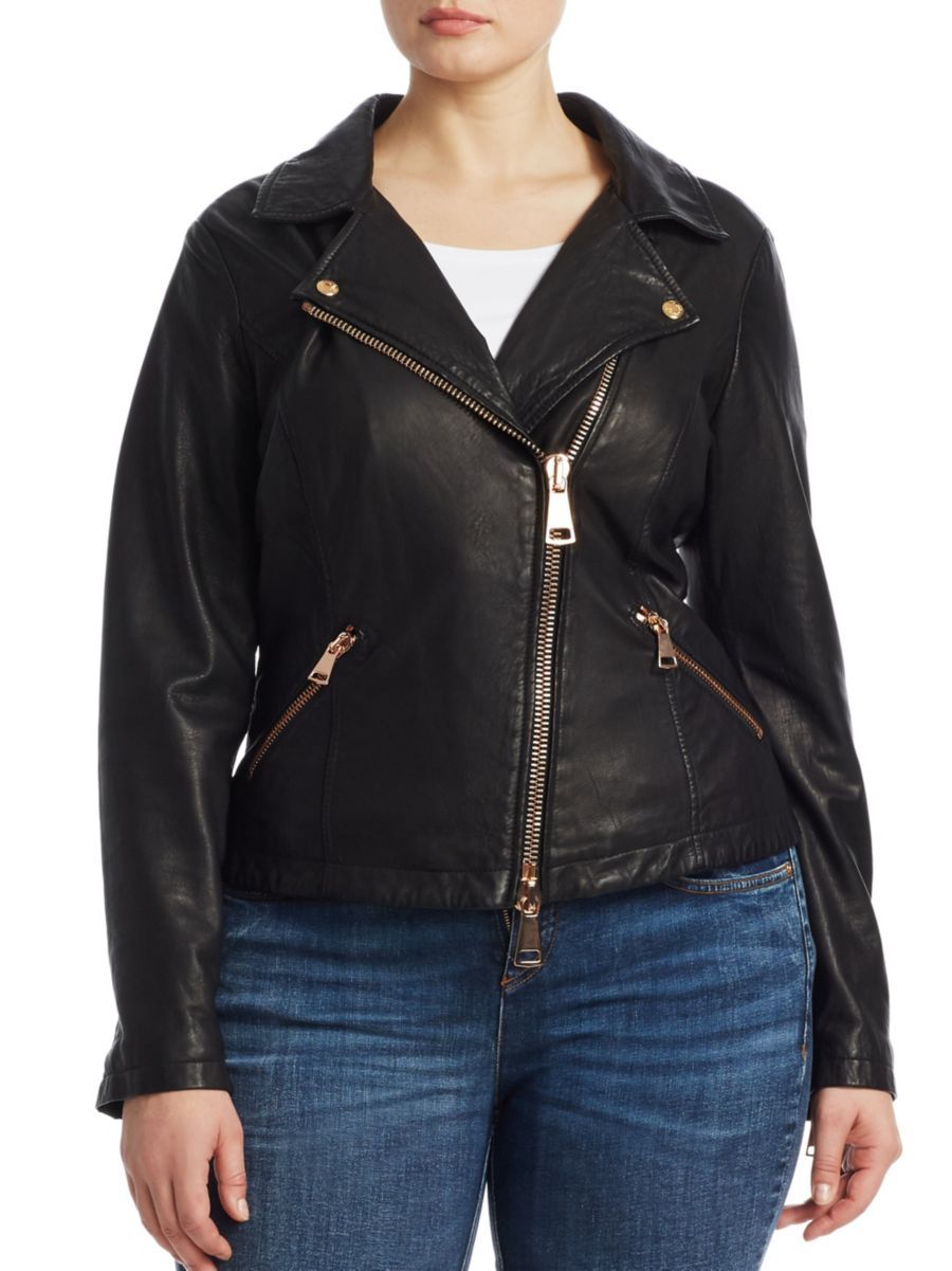 ashley graham x marina rinaldi ebanista leather biker jacket | Saks Fifth Avenue