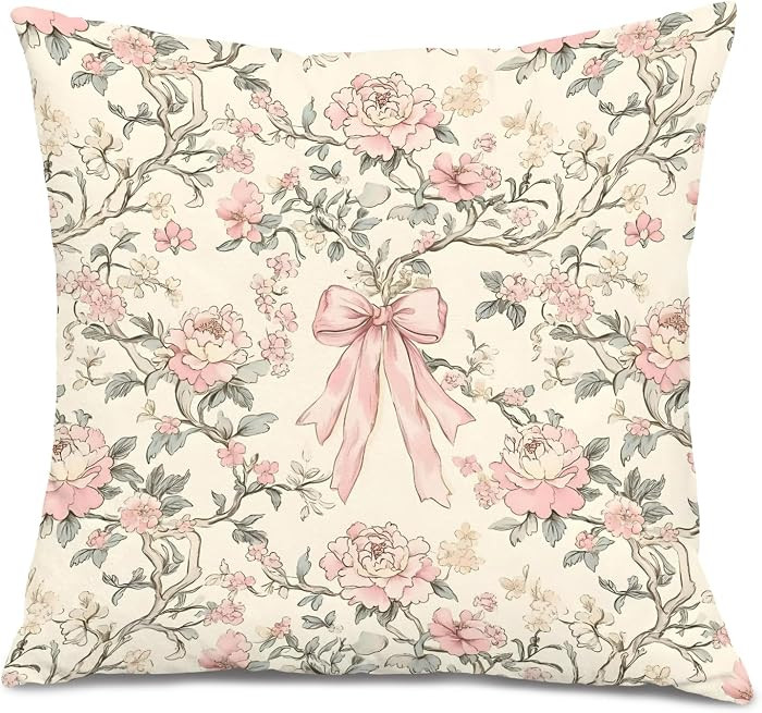 Vintage Pink Toile Coquette Floral Pillow Cover 18x18, Grandmillennial Home Decor, Retro Chinoise... | Amazon (US)