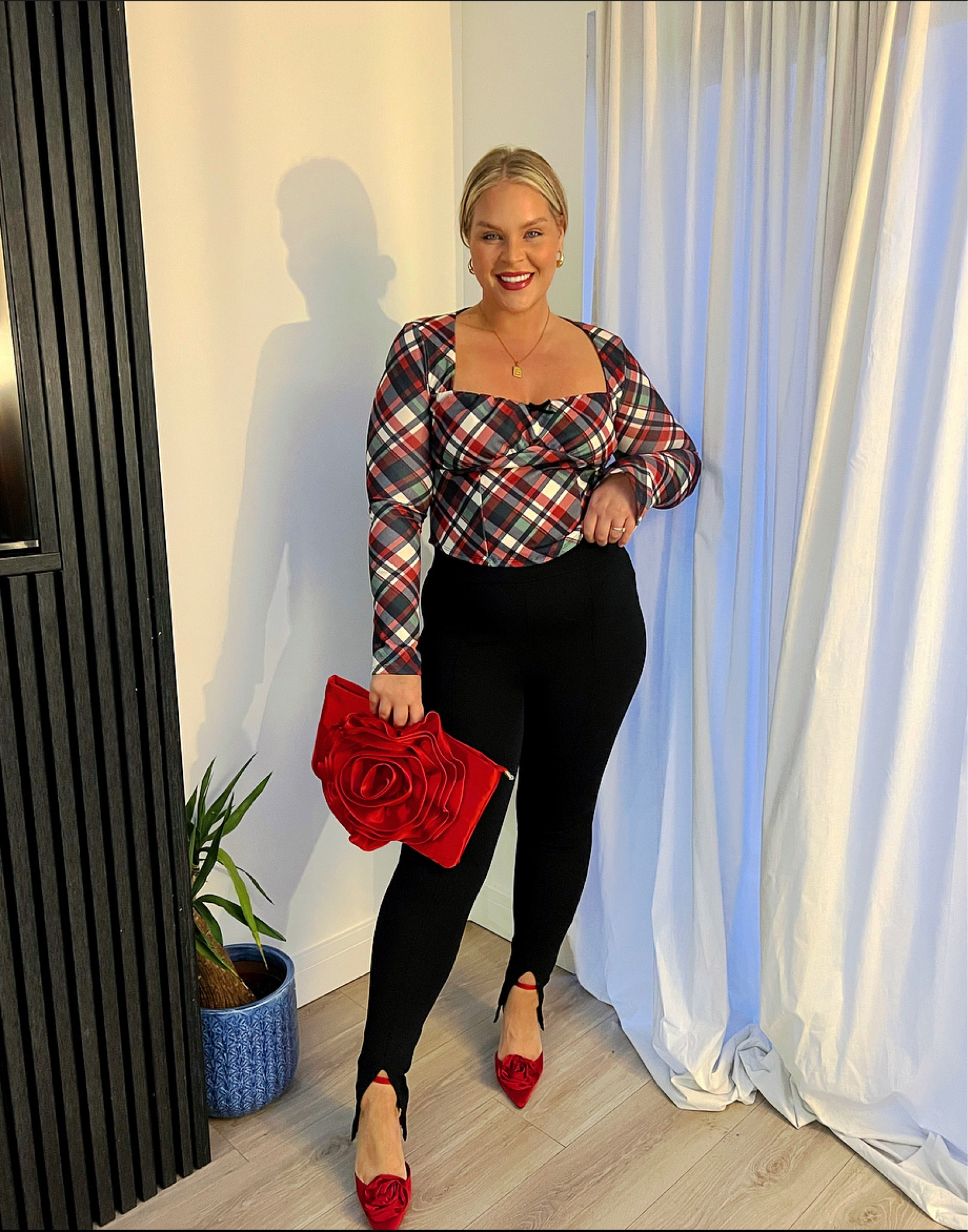 Valentines outfit inspo. Red bag. Pretty little thing. ASOS. Tartan top. Milkmaid top. Red shoes. Split hem trouser. 

#LTKmidsize #LTKstyletip #LTKeurope