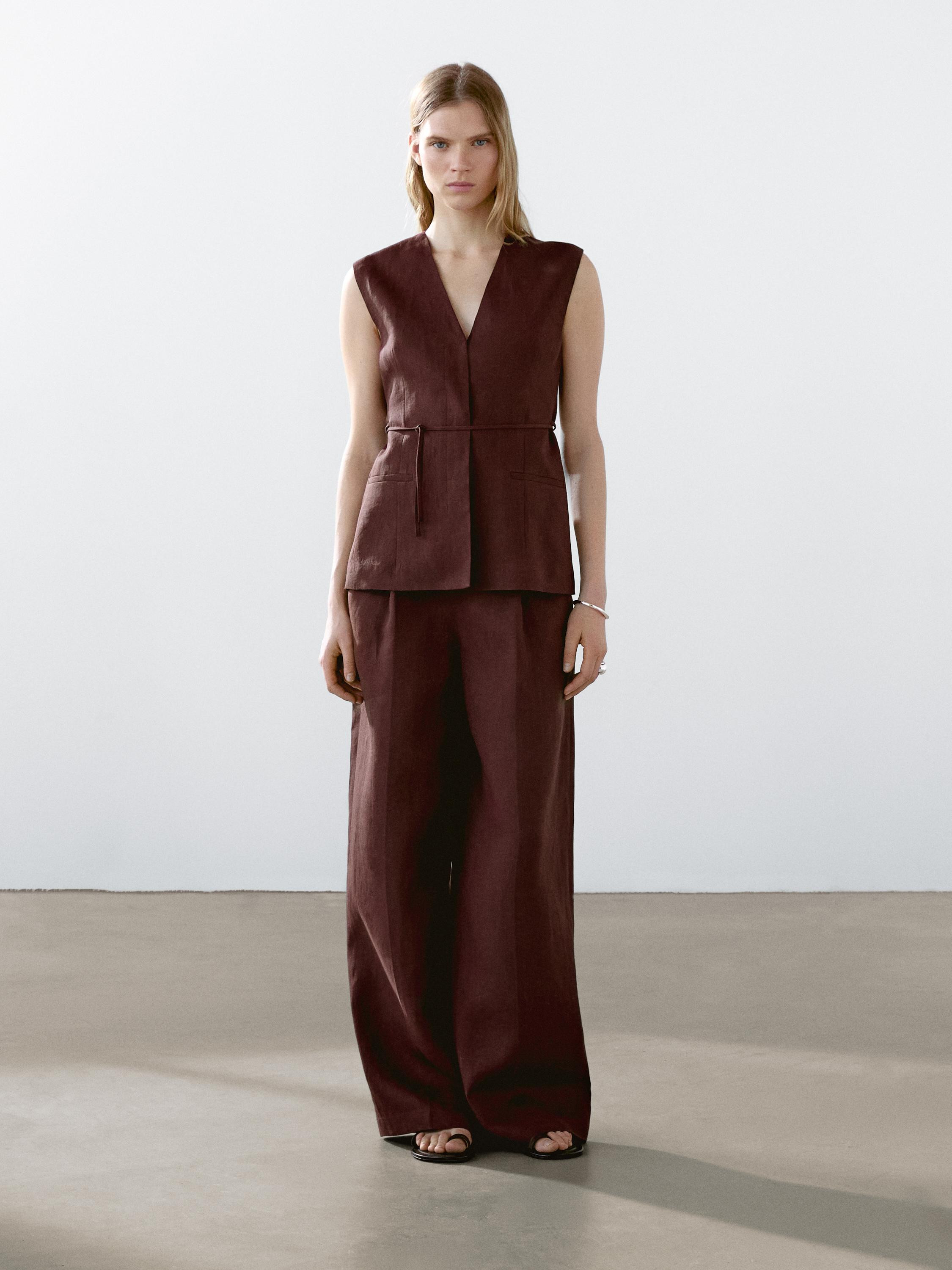Long 100% linen waistcoat with ribbons | Massimo Dutti US