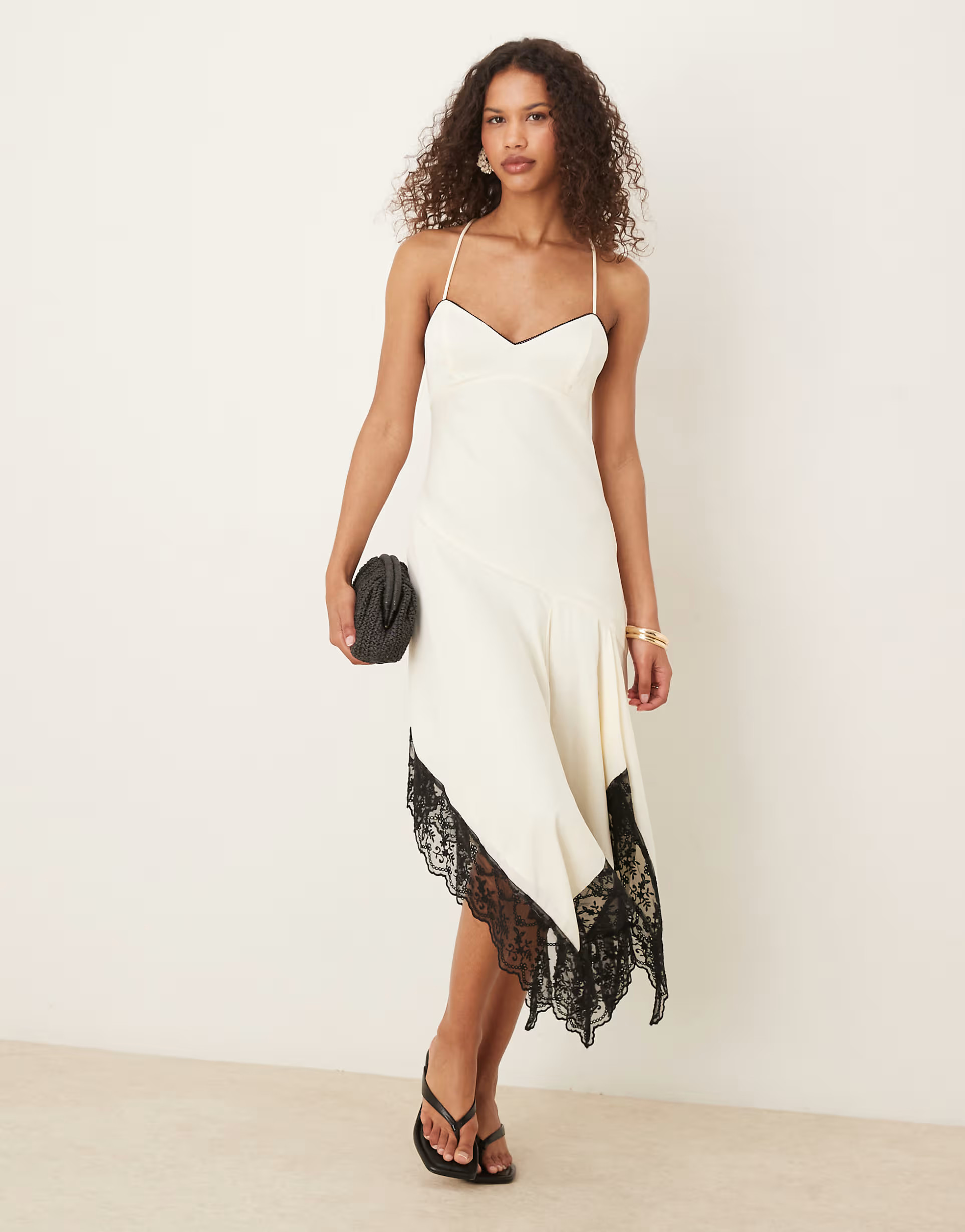 ASOS DESIGN cami cream dress with black contrast lace and hanky hem | ASOS (Global)