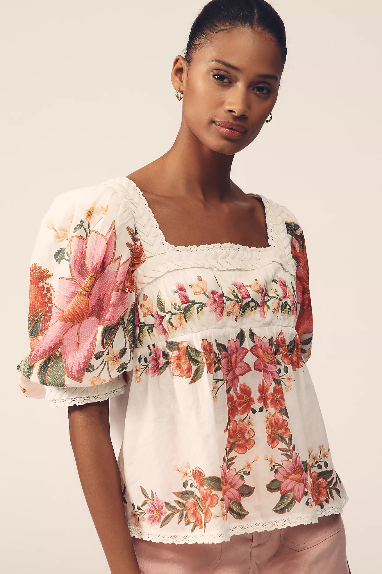 Farm Rio Summer Fruit Cotton Puff-Sleeve Square-Neck Blouse | Anthropologie (US)