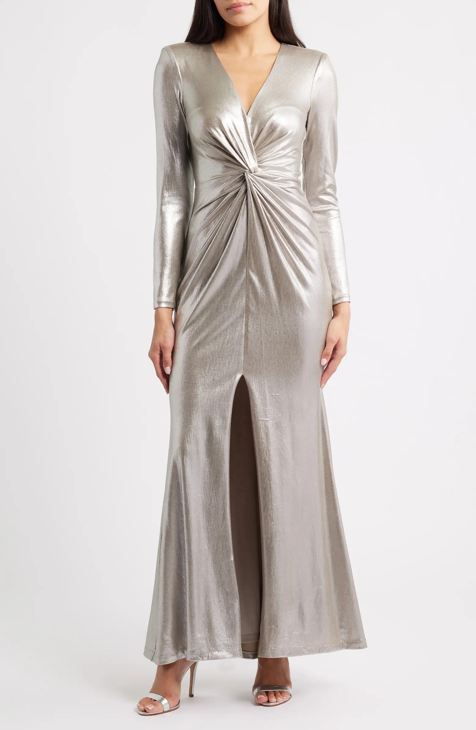 Eliza J Metallic Twist Waist Long Sleeve Gown | Nordstrom | Nordstrom