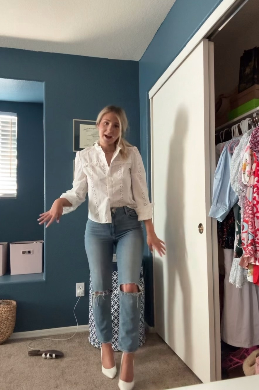 outfit of the day!! simple yet chic and very Morgan Stewart inspired with a white pump 🤸🏼‍♀️ 

white eyelet button down | zara blouse | high low fashion | white heels | white button down | lunch outfit | dressy casual | white mini bag | office style | work outfit | office outfit | work style | tennis necklace dupe | paige straight jeans 

#LTKFindsUnder100 #LTKWorkwear