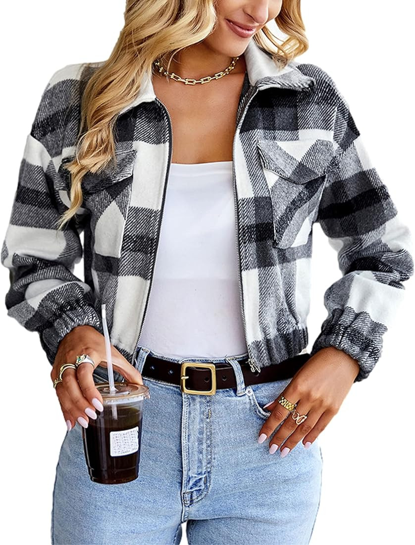 Lingjiazi Womens Cropped Flannel Plaid Shacket Zip Up Shirts Jackets with Pockets | Amazon (US)