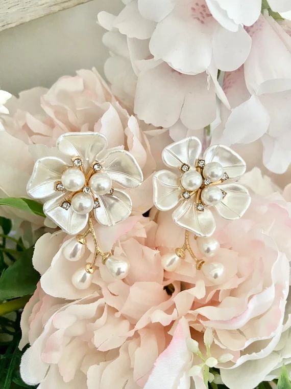 Gold Pearl Shell Rhinestone White Flower Floral Stud Branch Wedding Bridal Dangle Statement Earri... | Etsy (US)
