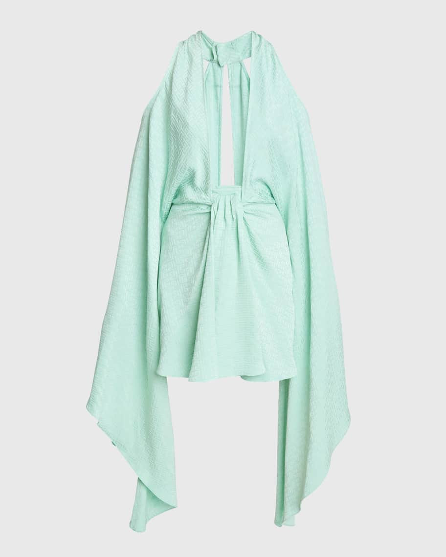 Plunging Monogram Jacquard Cape-Sleeve Cold-Shoulder Mini Kaftan Dress | Neiman Marcus