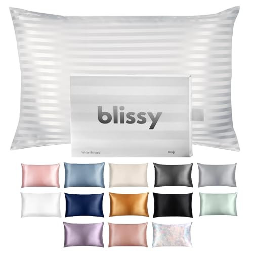 Blissy Silk Pillowcase - 100% Pure Mulberry Silk - 22 Momme 6A High-Grade Fibers - Silk Pillow Cover for Hair & Skin - Regular, Queen & King (White Striped, Queen) | Amazon (US)