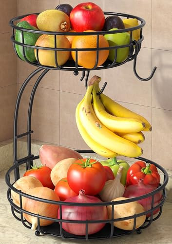 Sevenblue 2 Tier Large Fruit Basket for Kitchen Counter with Removable Banana Hanger - Sturdy Iron Fruit Bowl for Kitchen Counter and Vegetable Holder, Fruit Holder for Kitchen Countertop, Black | Amazon (US)