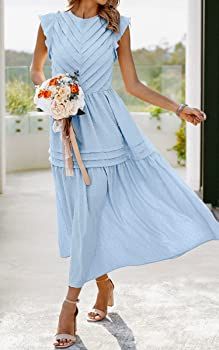 Angashion Women's Summer Maxi Dress Casual Crewneck Cap Sleeve Swiss Dot Tierd Pleated Solid Long... | Amazon (US)