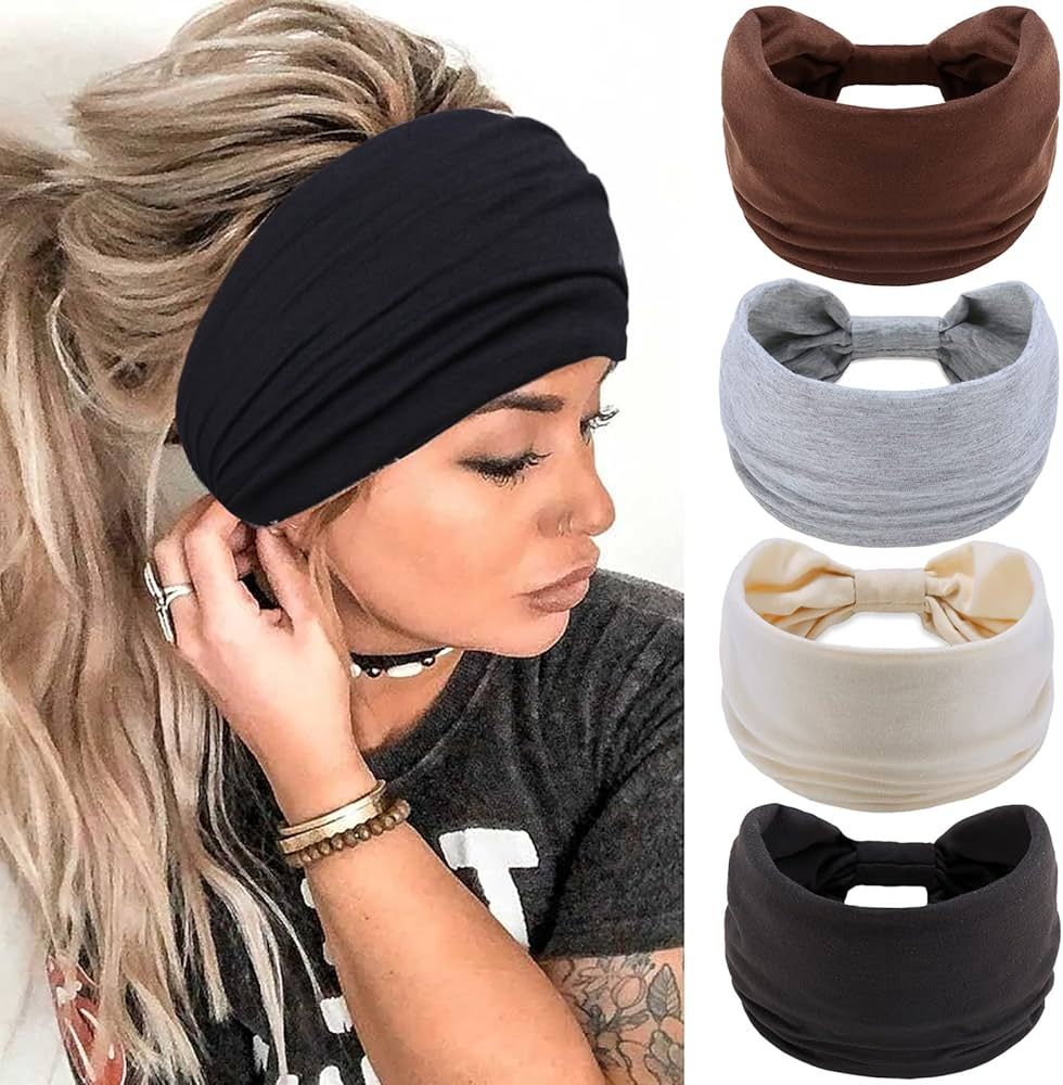 Wide Headbands for Women Black Stylish Head Wraps Boho Thick Hairbands Large African Sport Yoga T... | Amazon (US)