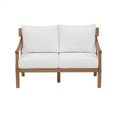 Woodford 4-Piece Eucalyptus Wood Patio Conversation Set with Bright White Cushions | The Home Depot