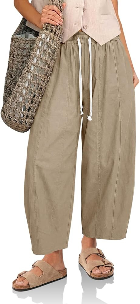 Cicy Bell Womens Baggy Barrel Pants High Waisted Wide Leg Casual Elastic Drawstring Cropped Loose... | Amazon (US)