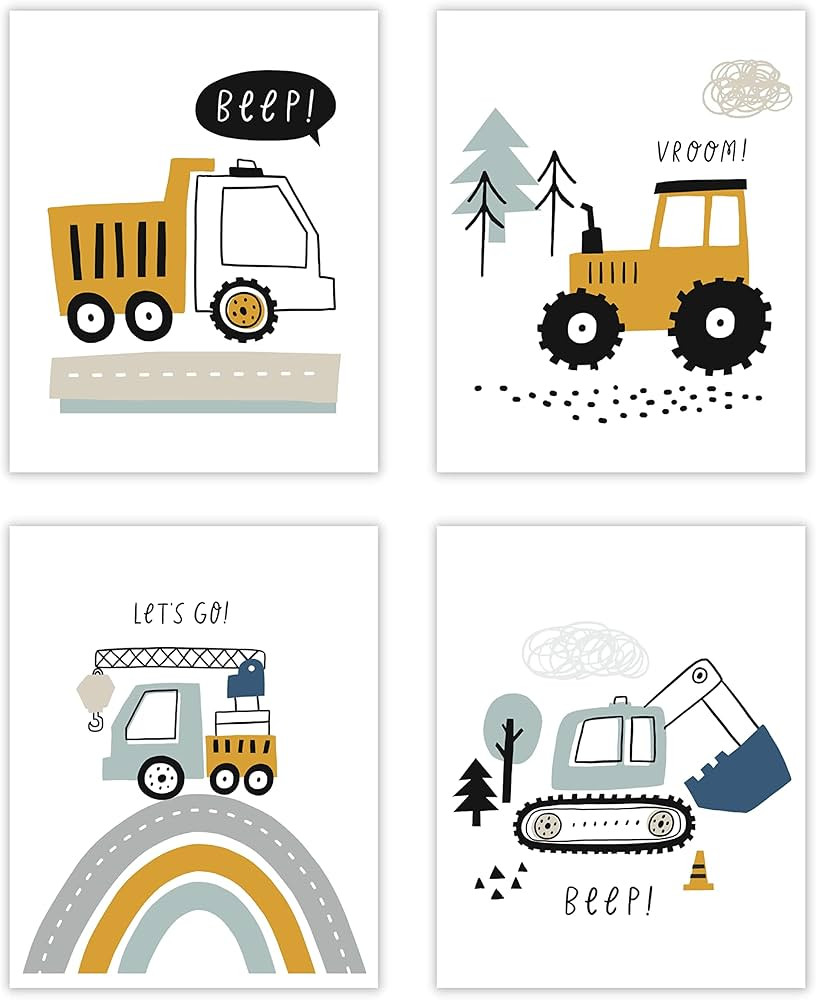 Construction Decor for Boys Room - 4 Car Posters for Boys Room Decor, 8x10 Unframed Construction ... | Amazon (US)